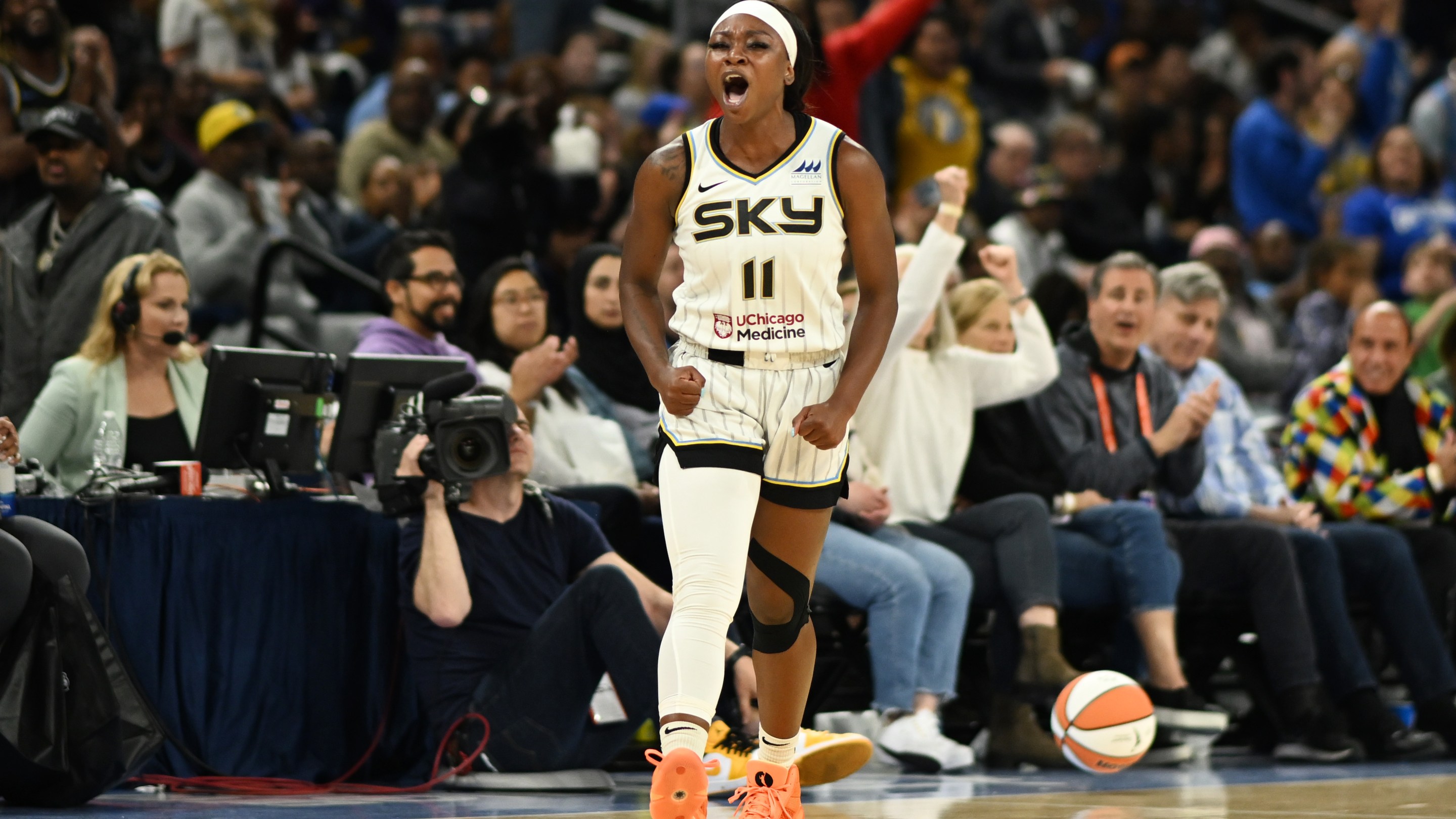 Dana Evans #11 of the Chicago Sky reacts against the Washington Mystics at Wintrust Arena on May 26, 2023 in Chicago, Illinois.