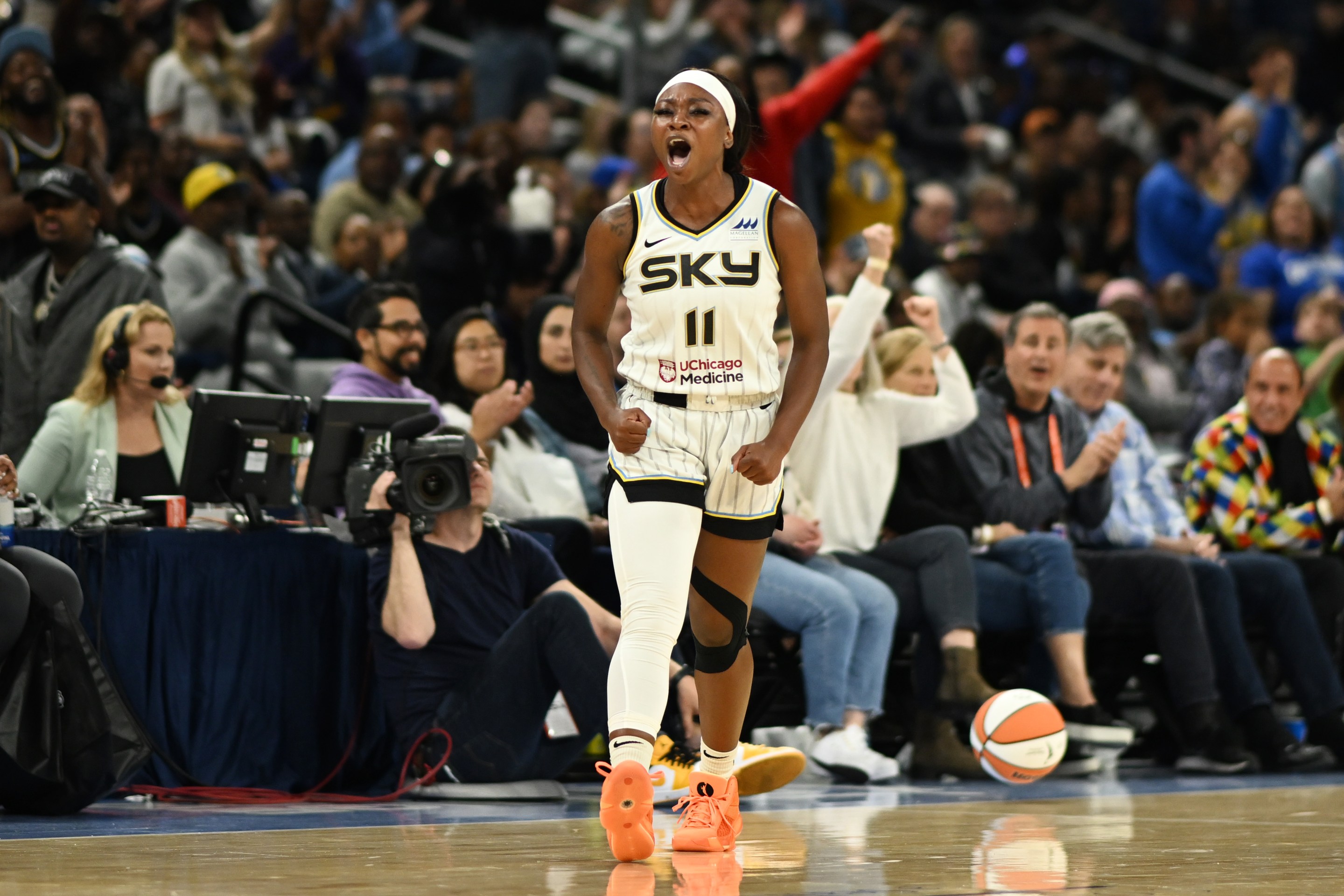 Dana Evans #11 of the Chicago Sky reacts against the Washington Mystics at Wintrust Arena on May 26, 2023 in Chicago, Illinois.