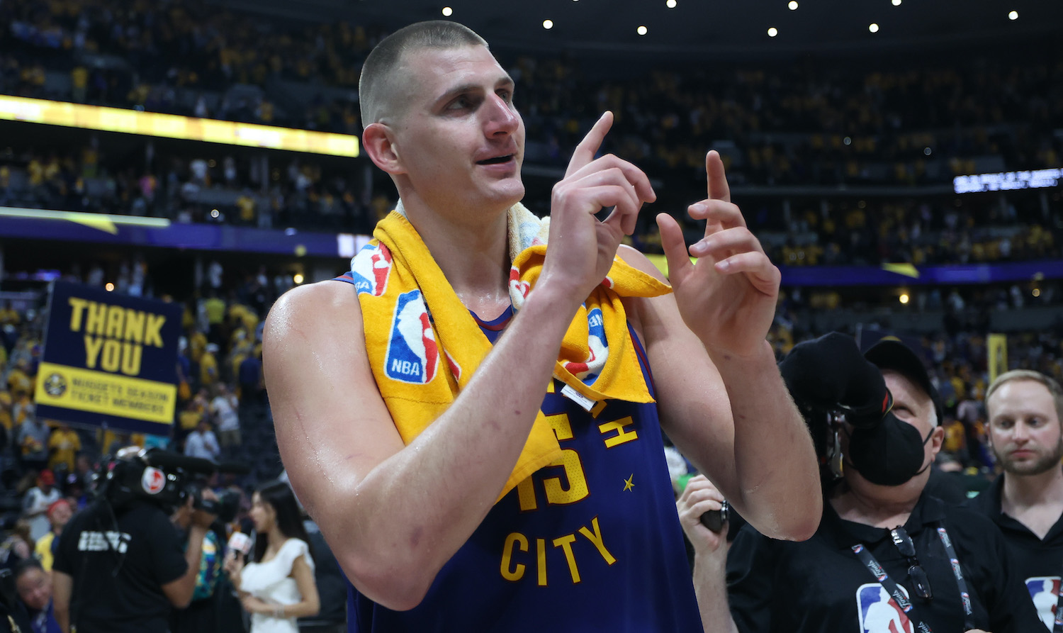 DENVER, COLORADO - JUNE 01: Nikola Jokic #15 of the Denver Nuggets reacts after a 104-93 victory against the Miami Heat in Game One of the 2023 NBA Finals at Ball Arena on June 01, 2023 in Denver, Colorado. NOTE TO USER: User expressly acknowledges and agrees that, by downloading and or using this photograph, User is consenting to the terms and conditions of the Getty Images License Agreement. (Photo by Matthew Stockman/Getty Images)