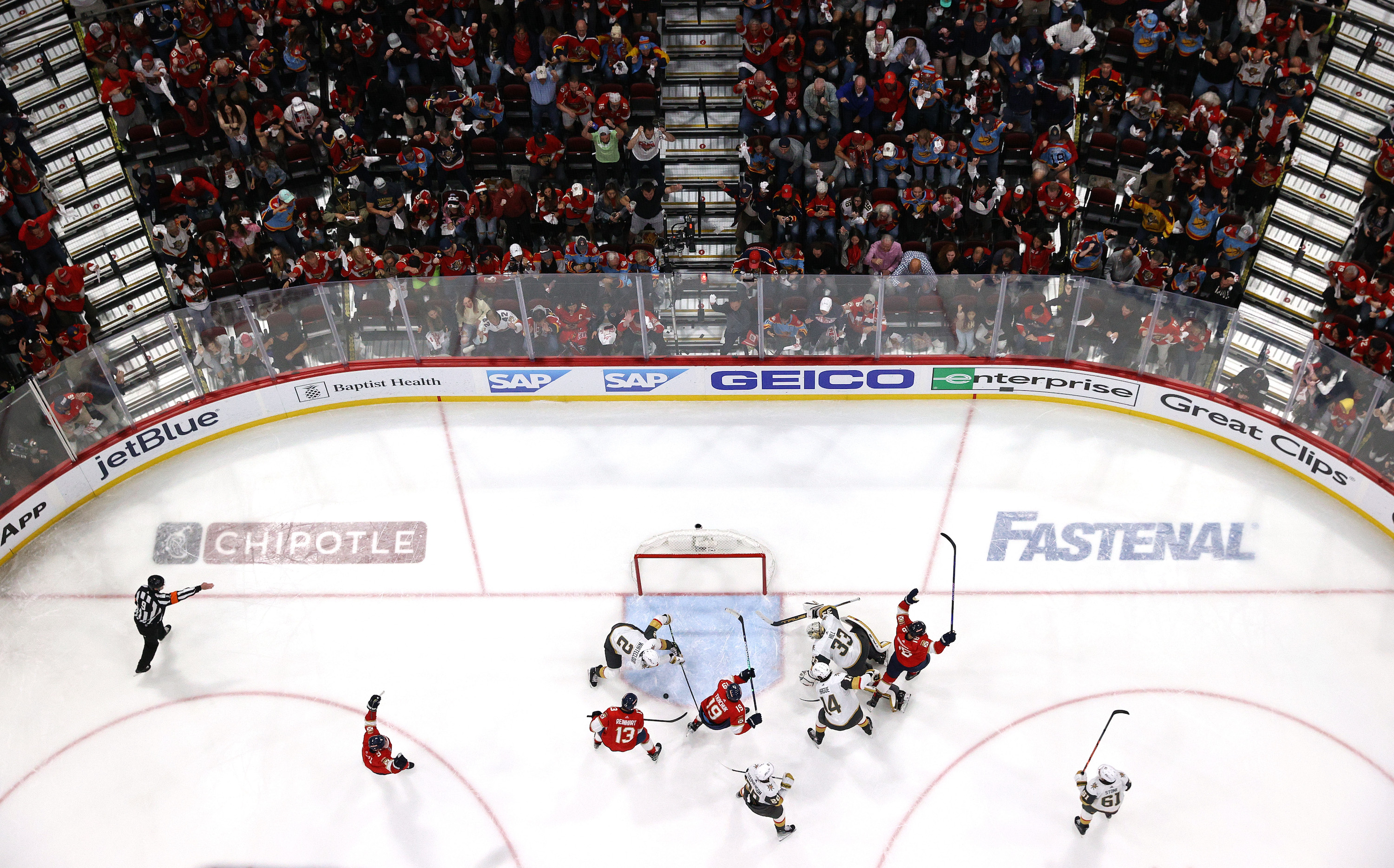 SUNRISE, FLORIDA - JUNE 08: Matthew Tkachuk #19 of the Florida Panthers scores a goal past Adin Hill #33 of the Vegas Golden Knights during the third period in Game Three of the 2023 NHL Stanley Cup Final at FLA Live Arena on June 08, 2023 in Sunrise, Florida. (Photo by Patrick Smith/Getty Images)