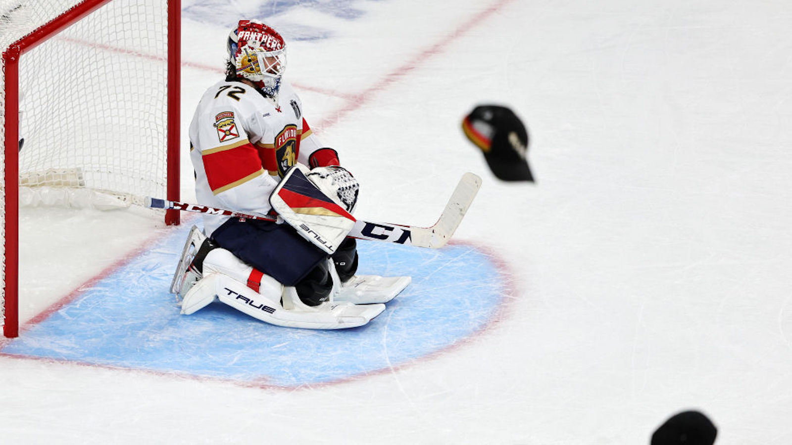 LAS VEGAS, NEVADA - JUNE 13: Sergei Bobrovsky #72 of the Florida Panthers sits in the crease after Mark Stone #61 of the Vegas Golden Knights scored an empty-net hat trick goal against the Florida Panthers during the third period in Game Five of the 2023 NHL Stanley Cup Final at T-Mobile Arena on June 13, 2023 in Las Vegas, Nevada.