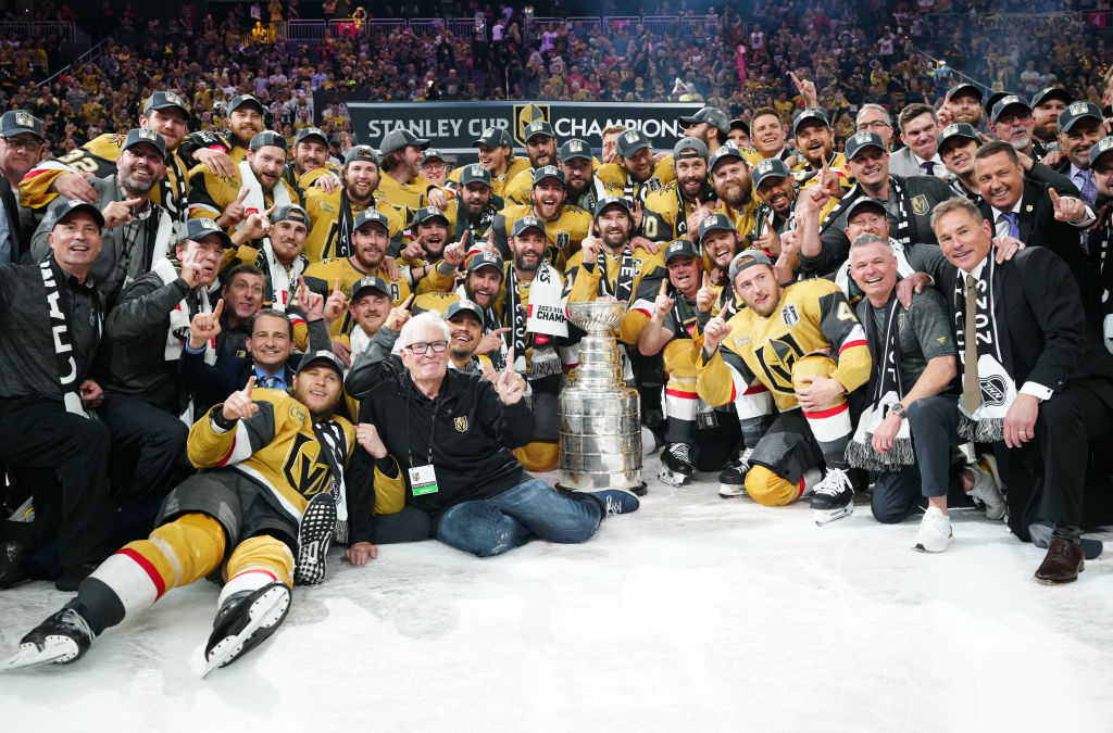 The Vegas Golden Knights celebrate with the Stanley Cup