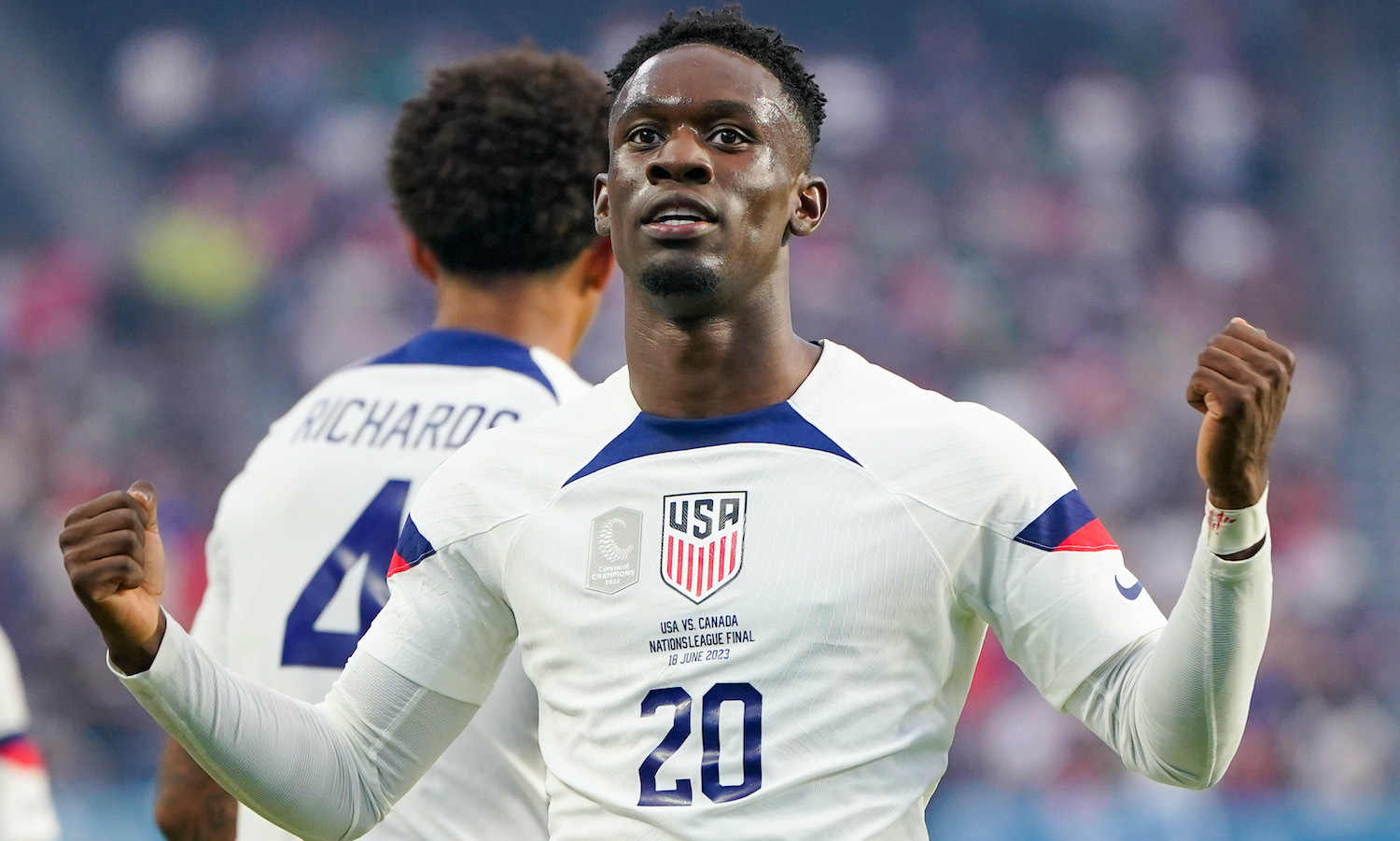 LAS VEGAS, NEVADA - JUNE 18: Folarin Balogun #20 of the United States celebrates scoring during the first half of the 2023 CONCACAF Nations League Final against Canada at Allegiant Stadium on June 18, 2023 in Las Vegas, Nevada. (Photo by John Todd/USSF/Getty Images for USSF)