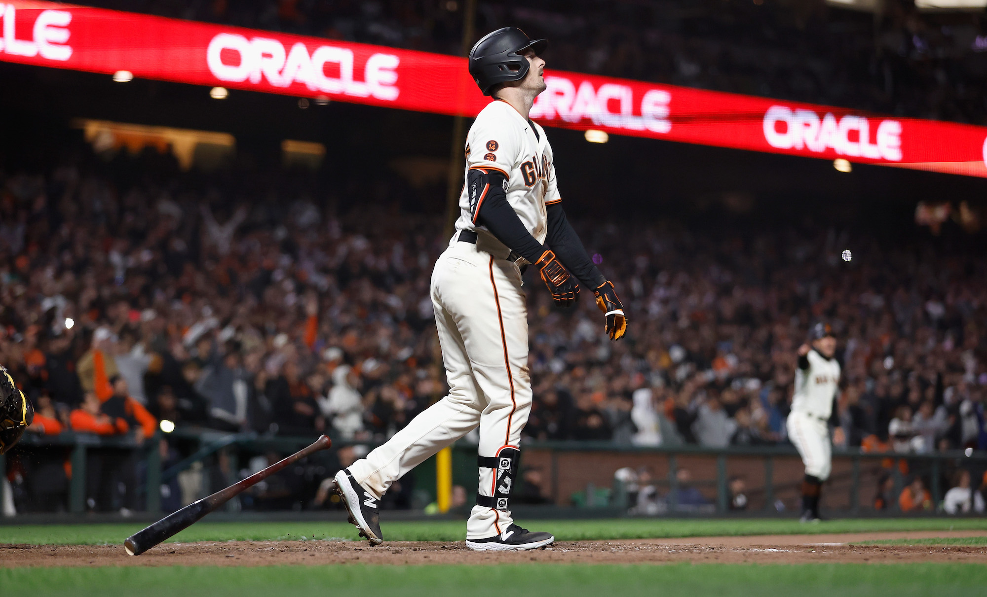 SAN FRANCISCO, CALIFORNIA - JUNE 19: Mike Yastrzemski #5 of the San Francisco Giants hits a walk-off three-run home run in the bottom of the tenth inning to defeat the San Diego Padres at Oracle Park on June 19, 2023 in San Francisco, California. (Photo by Lachlan Cunningham/Getty Images)