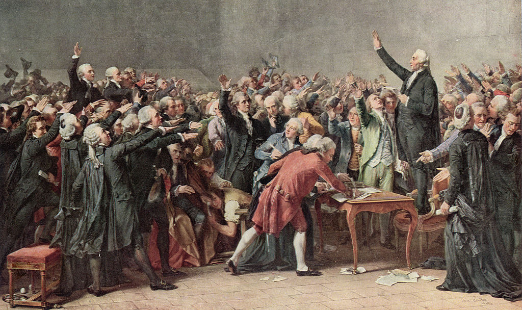 The 'Oath of the Tennis Court' painted by Auguste Clouder. The painting commemorates the meeting of the Third Estate in France in which all bar one of the 600 deputies swore an oath not to separate until a constitution had been established, June 20, 1989.