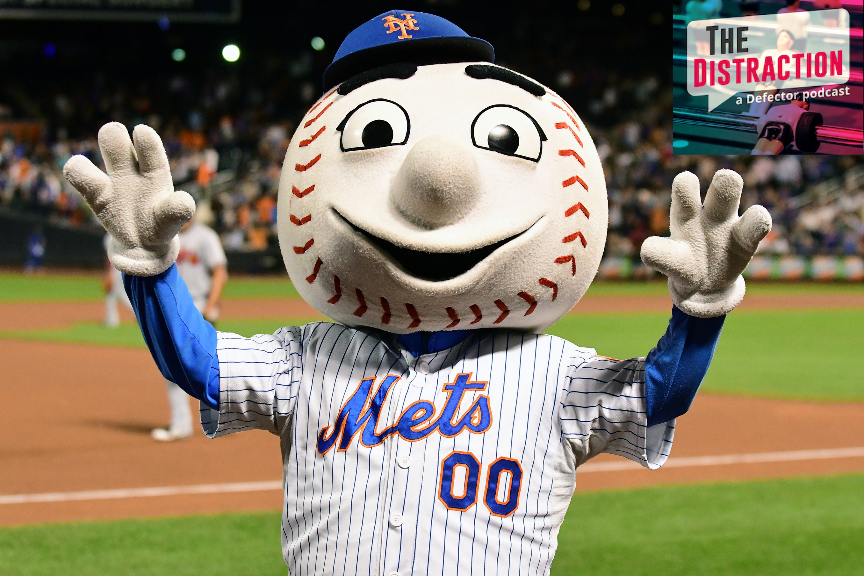 Mr. Met striking a benignly unsettling Mr. Met-style pose on the field during a Mets game.