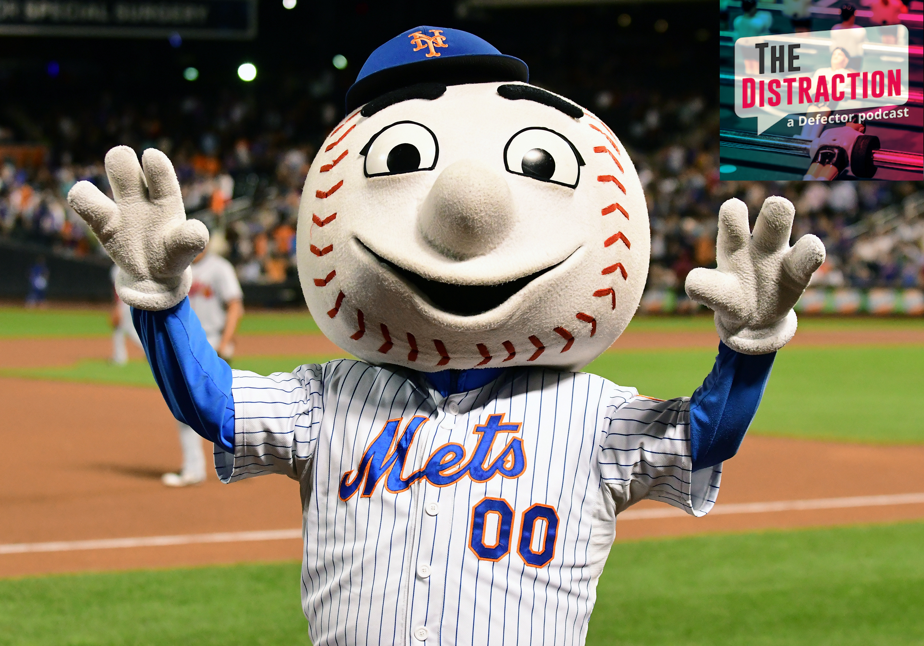 Mr. Met striking a benignly unsettling Mr. Met-style pose on the field during a Mets game.