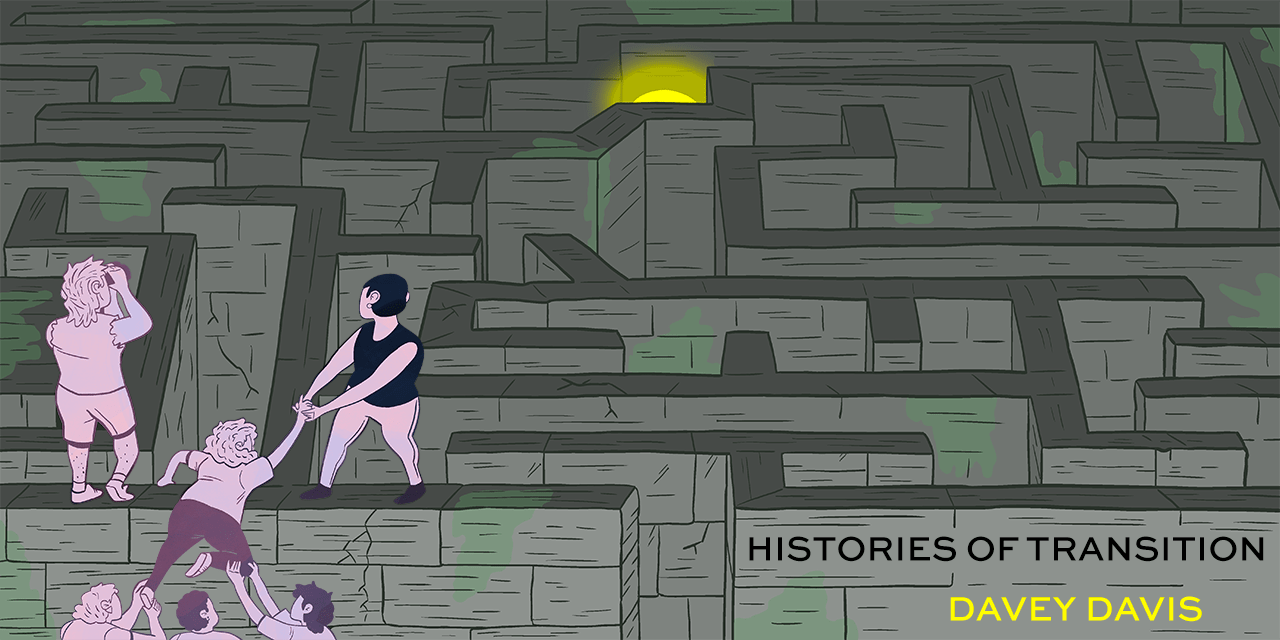 Drawing of a group of people helping each other over a labyrinth