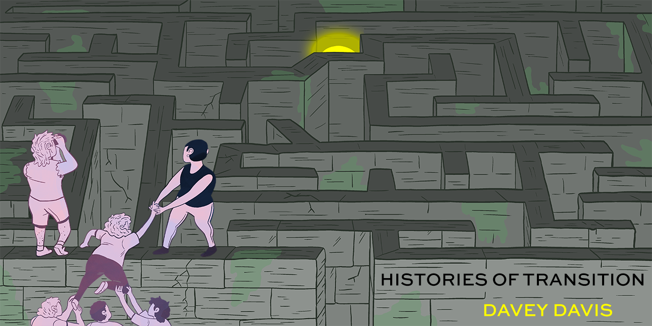 Drawing of a group of people helping each other over a labyrinth