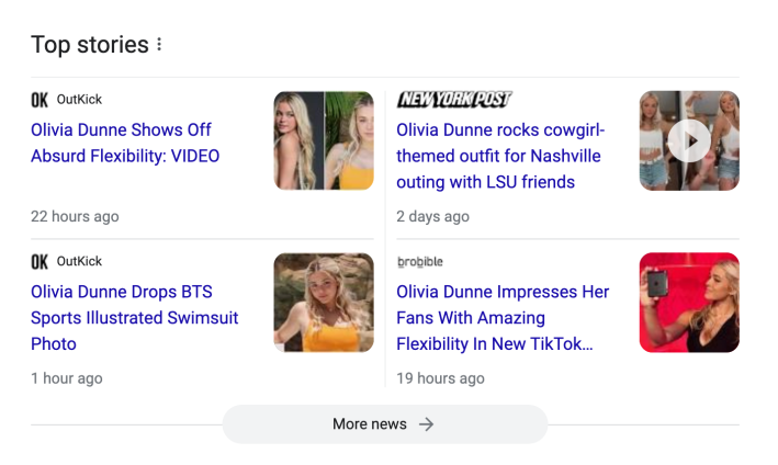 Top stories :OK OutkickOlivia Dunne Shows OffAbsurd Flexibility: VIDEONEW YORK POSTOlivia Dunne rocks cowgirl-themed outfit for Nashville outing with LSU friends2 days ago22 hours agoOK OutkickOlivia Dunne Drops BTSSports Illustrated SwimsuitPhoto1 hour agobrobibleOlivia Dunne Impresses HerFans With AmazingFlexibility In New TikTok...19 hours ago