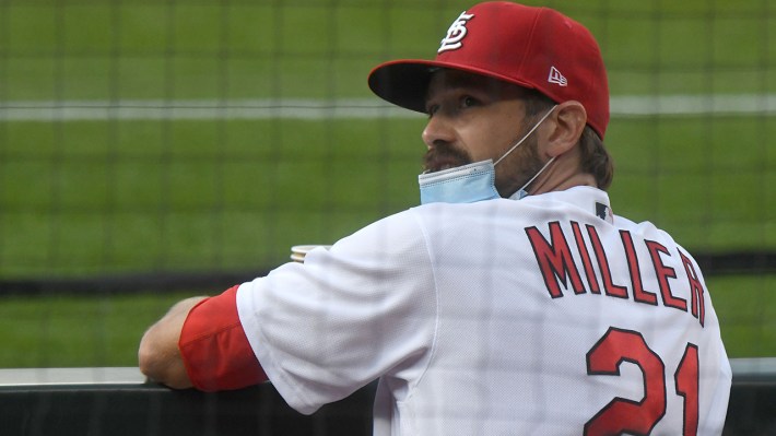 ST. LOUIS, MO - JULY 24: St. Louis Cardinals pitcher Andrew Miller (21) during a Major League Baseball game between the Pittsburgh Pirates and the St. Louis Cardinals, on July 24, 2020, at Busch Stadium, St. Louis, MO.