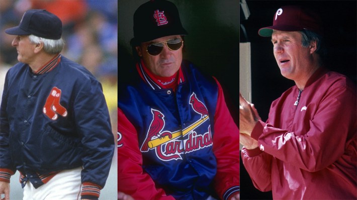 Three baseball managers in three photos, all wearing Starter jackets: John McNamara (Red Sox); Tony LaRussa (Cardinals); John Felske (Phillies)