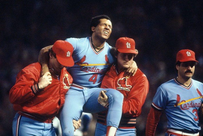 MILWAUKEE, WI - OCTOBER 1982: Joaquin Andujar, pitcher of the St. Louis Cardinals is carried off the field during the World Series against the Milwaukee Brewers at Milwaukee County Stadium in Milwaukee, Wisconsin October of 1982.
