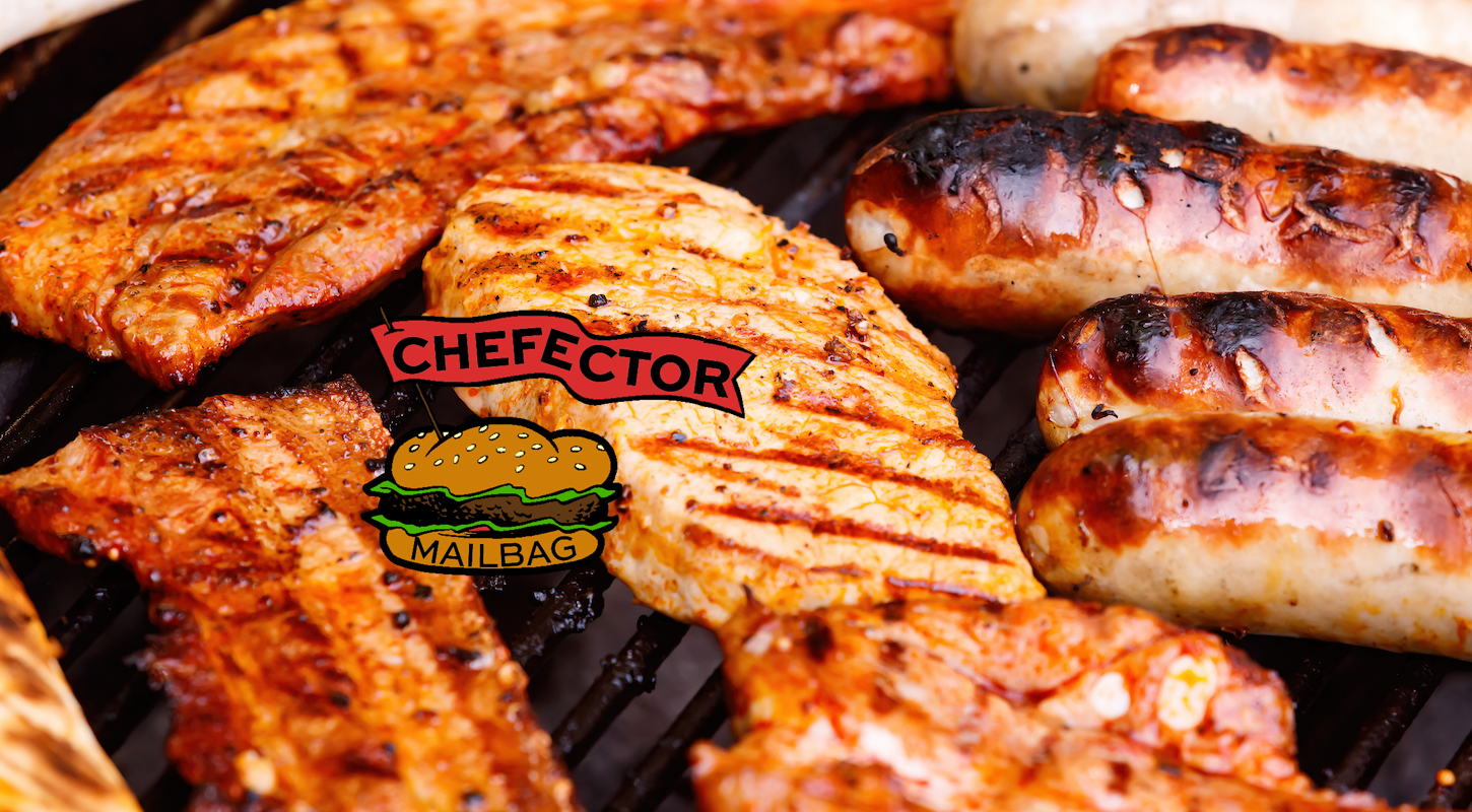 Some chicken and sausages cooking on a hot grill, with a Chefector illustration