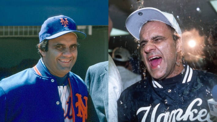 Joe Torre in a Mets jacket; Joe Torre in a Yankees jacket. He's celebrating Winning the World Series in the Yankees one. He's just smiling in the Mets one.