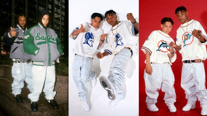 Kris Kross in various Starter outfits: Yankees and Eagles; Duke Blue Devils (backwards), Miami Dolphins (backwards)