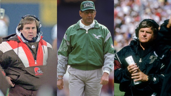 Three NFL coaches in Starter jackets: Bill Belichick (Browns), Rich Kotite (Eagles); Jerry Glanville (Falcons)