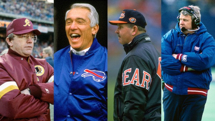 Four NFL coaches in Starter jackets: Joe Gibbs (WASTEAM), Marv Levy (Bills), Mike Ditka (Bears); Bill Parcells (Giants)