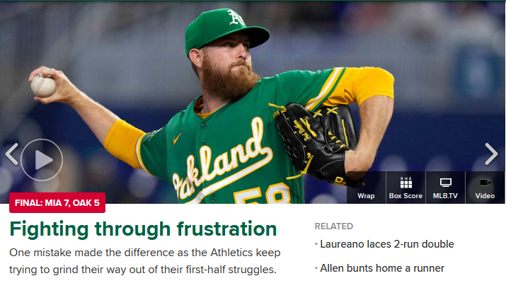 Headline: Fighting through Frustration. Subhed: One mistake made the difference as the Athletics keep trying to grind their way out of their first-half struggles.