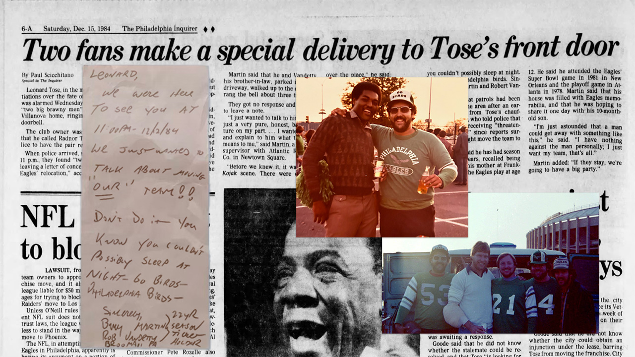 Several photos of Eagles fans overlaid with a note to the Eagles owner, and under that is a screenshot of a newspaper