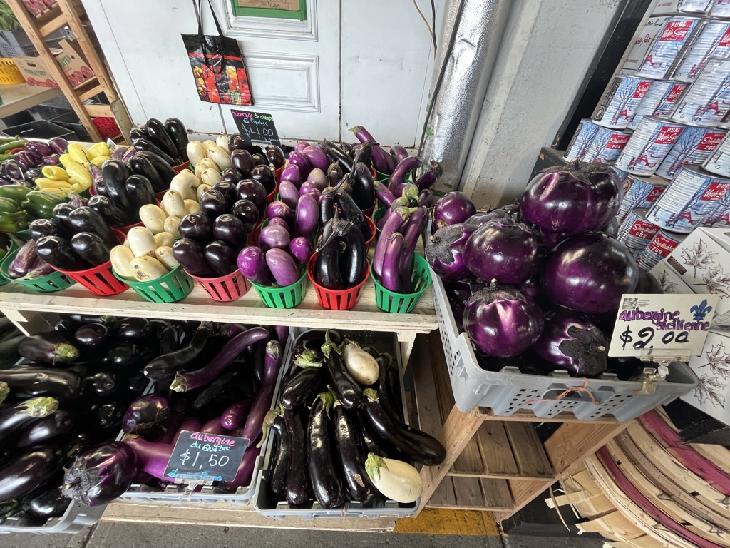 An array of eggplants at Marché Jean-Talon in Montreal.
