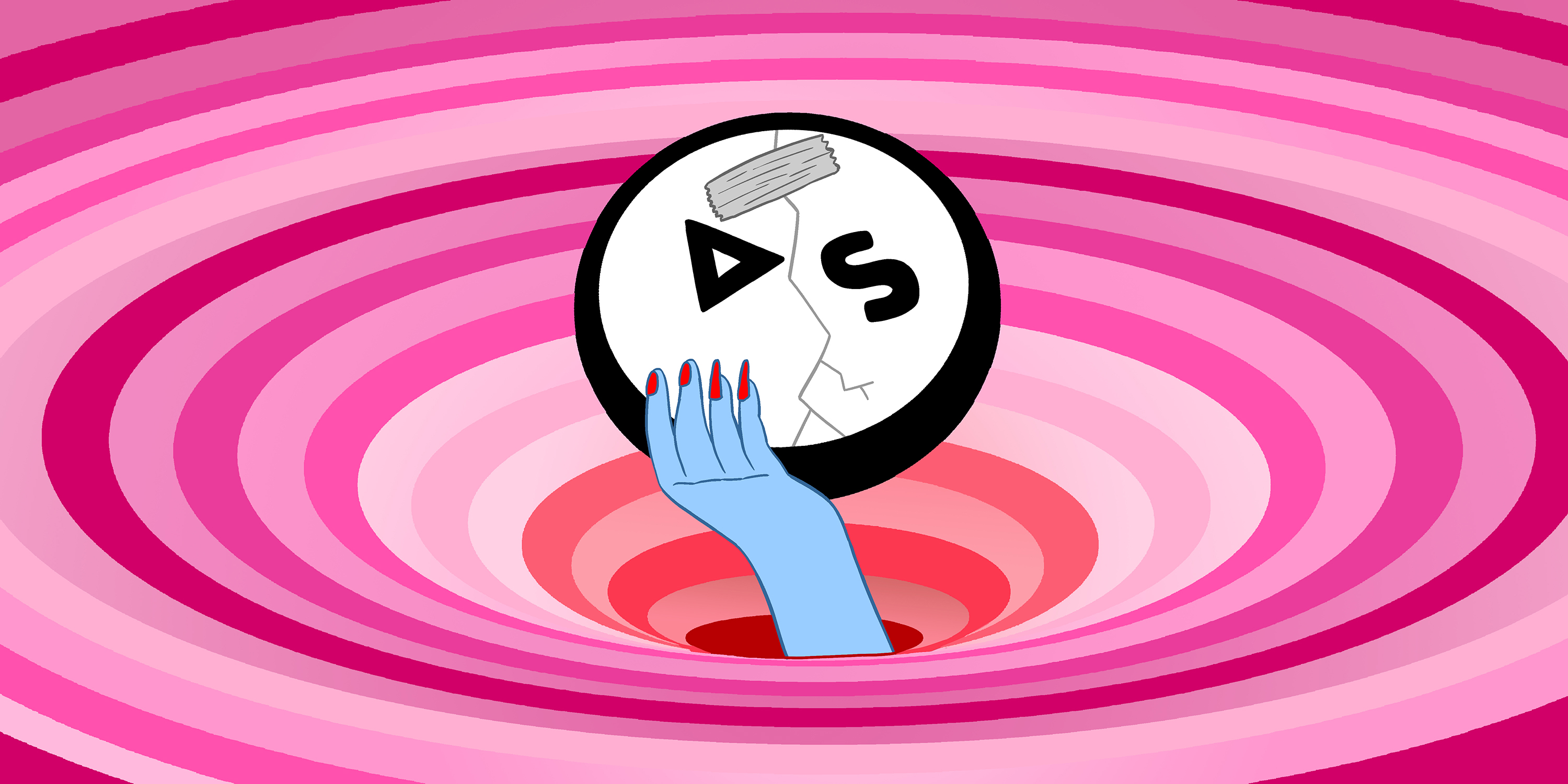 A hand holding a cracked Autostraddle logo reaches out of a pink whirlpool