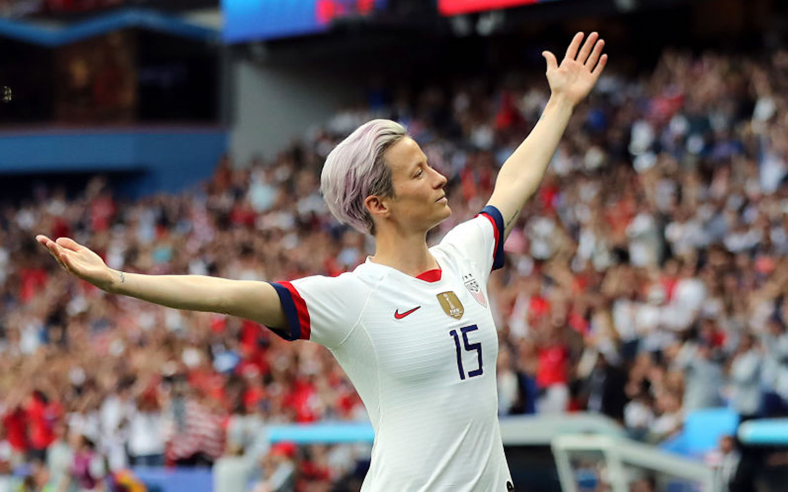 Megan Rapinoe #15 of the United States celebrates her goal in the first half against France during the 2019 FIFA Women's World Cup France Quarter Final match between France and USA at Parc des Princes on June 28, 2019 in Paris, France.