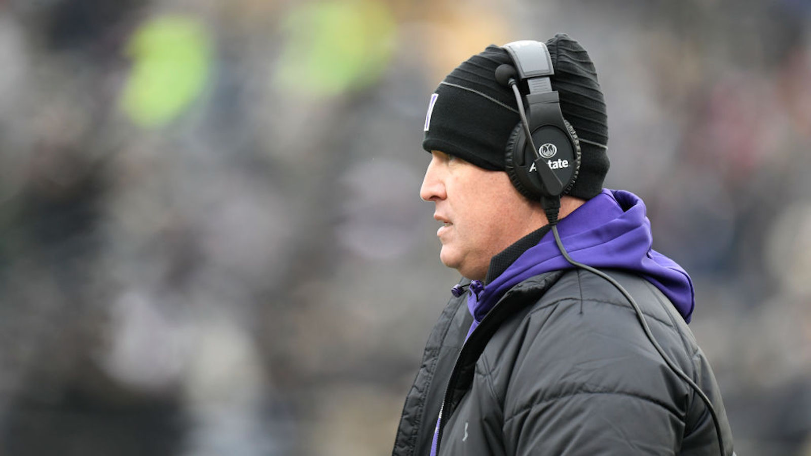 Northwestern Wildcats head coach Pat Fitzgerald looks on during the college football game between the Northwestern Wildcats and the Purdue Boilermakers on November 19, 2022, at Ross-Ade Stadium in West Lafayette, Indiana.