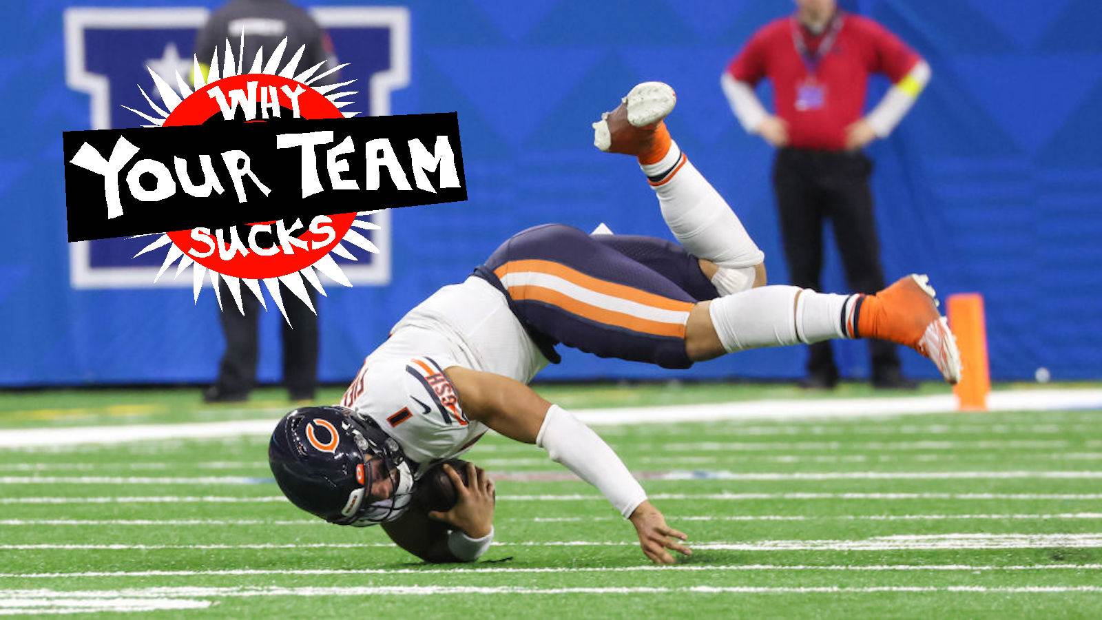 Chicago Bears quarterback Justin Fields (1) trips as he runs with the ball during the fourth quarter of an NFL football game between the Chicago Bears and the Detroit Lions on January 1, 2023 at Ford Field in Detroit, Michigan.