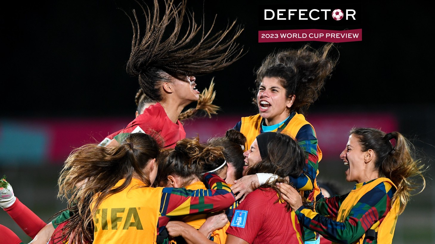 Portugal's players celebrate scoring during a group A play-off tournament match between Portugal and Cameroon for the FIFA Women's World Cup Australia and New Zealand 2023 at the Waikato Stadium in Hamilton, New Zealand, Feb. 22, 2023.