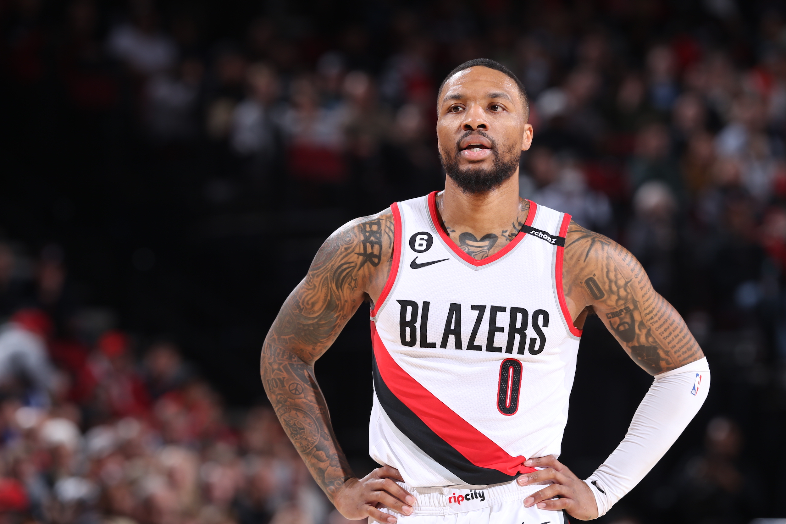 Damian Lillard of the Trail Blazers looks on during a game in Portland, Oregon.
