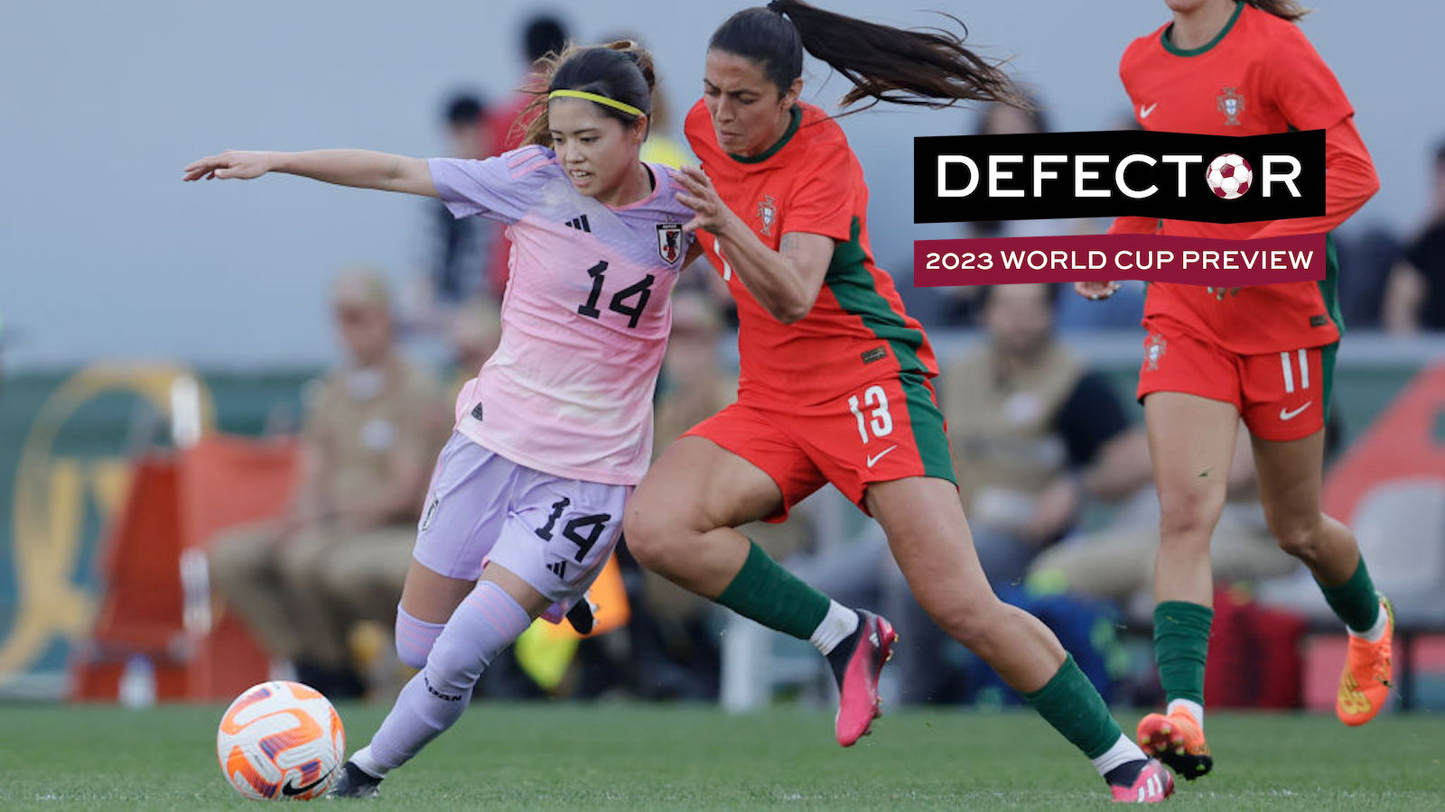 GUIMARAES, PORTUGAL - APRIL 7: Yui Hasegawa of Japan Women, Fatima Pinto of Portugal Women during the International Friendly Women match between Portugal Women v Japan Women at the Estadio D Afonso Henriques on April 7, 2023 in Guimaraes Portugal