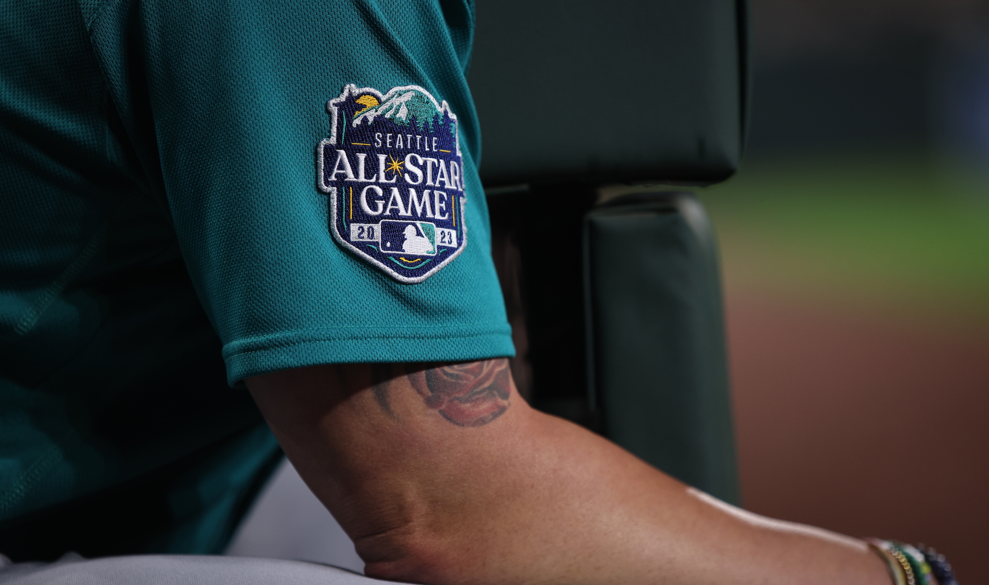 BALTIMORE, MD - JUNE 23: A detail of the MLB All Star Game patch on a Seattle Mariners jersey during the game between the Seattle Mariners and the Baltimore Orioles at Oriole Park at Camden Yards on Friday, June 23, 2023 in Baltimore, Maryland. (Photo by Rob Tringali/MLB Photos via Getty Images)