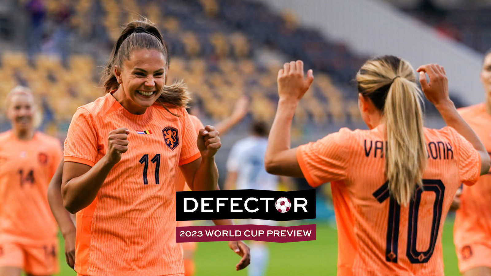 Lieke Martens of the Netherlands celebrates after scoring her teams first goal, Danielle van de Donk of the Netherlands during the International Women's Friendly match between Netherlands and Belgium at the Parkstad Limburg Stadion on July 2, 2023 in Kerkrade, Netherlands
