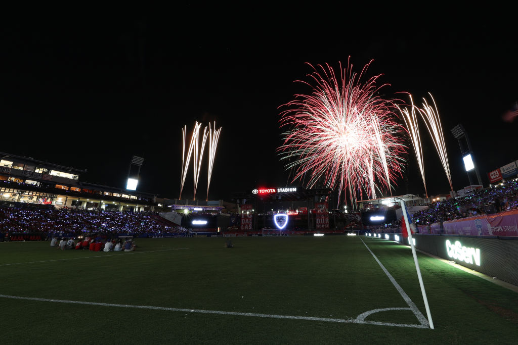 FRISCO, TX - JULY 04: Fans enjoys a post-game fireworks display over the stadium celebrating the Fourth of July after the MLS game between Inter Miami FC and FC Dallas at Toyota Stadium on July 4, 2022 in Frisco, Texas.