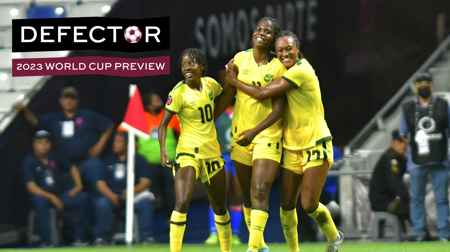 Khadija Shaw of Jamaica celebrates with teammates after scoring her team's third goal during the match between Jamaica and Haiti as part of the 2022 Concacaf W Championship at BBVA Stadium on July 11, 2022 in Monterrey, Mexico.