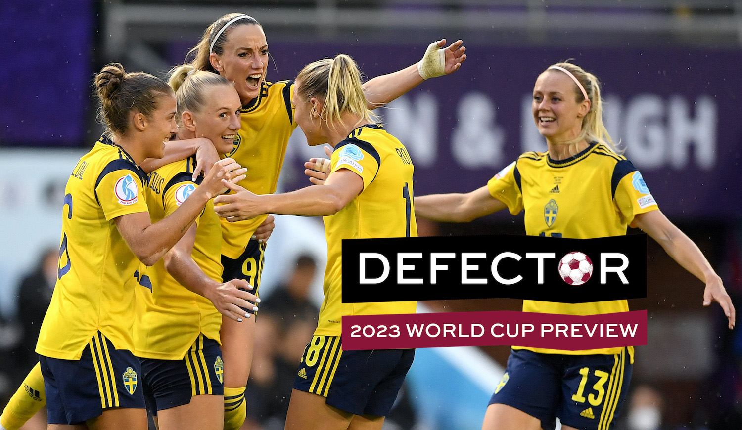 LEIGH, ENGLAND - JULY 22: Stina Blackstenius of Sweden celebrates with teammates after scoring a goal which was later disallowed by VAR for an offside during the UEFA Women's Euro 2022 Quarter Final match between Sweden and Belgium at Leigh Sports Village on July 22, 2022 in Leigh, England. (Photo by Harriet Lander/Getty Images)