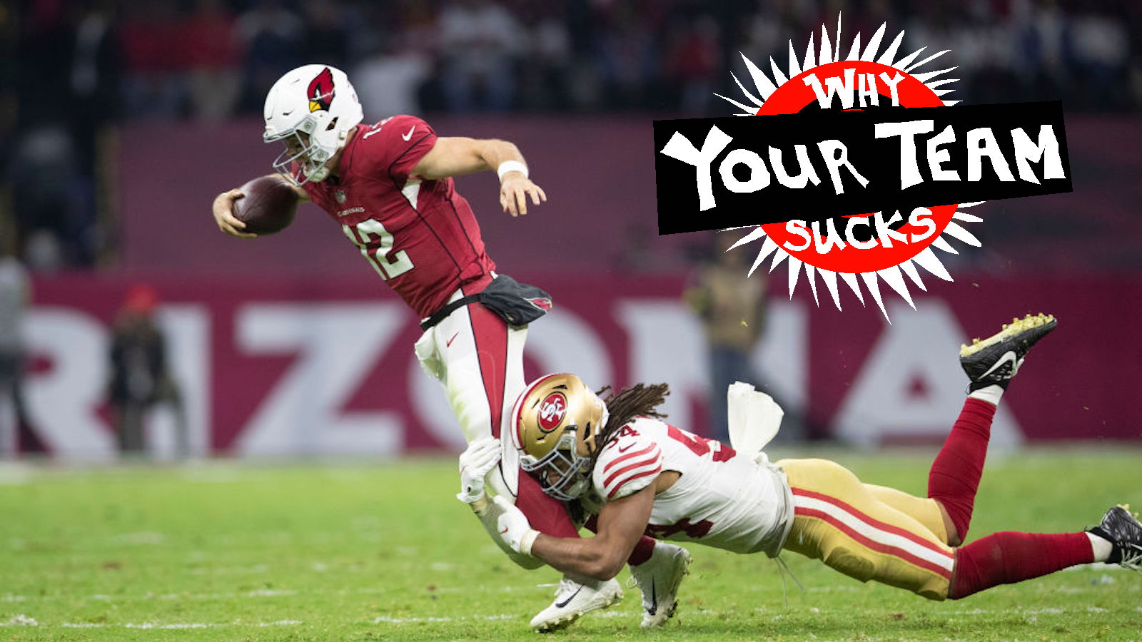 Fred Warner #54 of the San Francisco 49ers sacks Colt McCoy #12 of the Arizona Cardinals during the game at Estadio Azteca on November 21, 2022 in Mexico City, Mexico. (