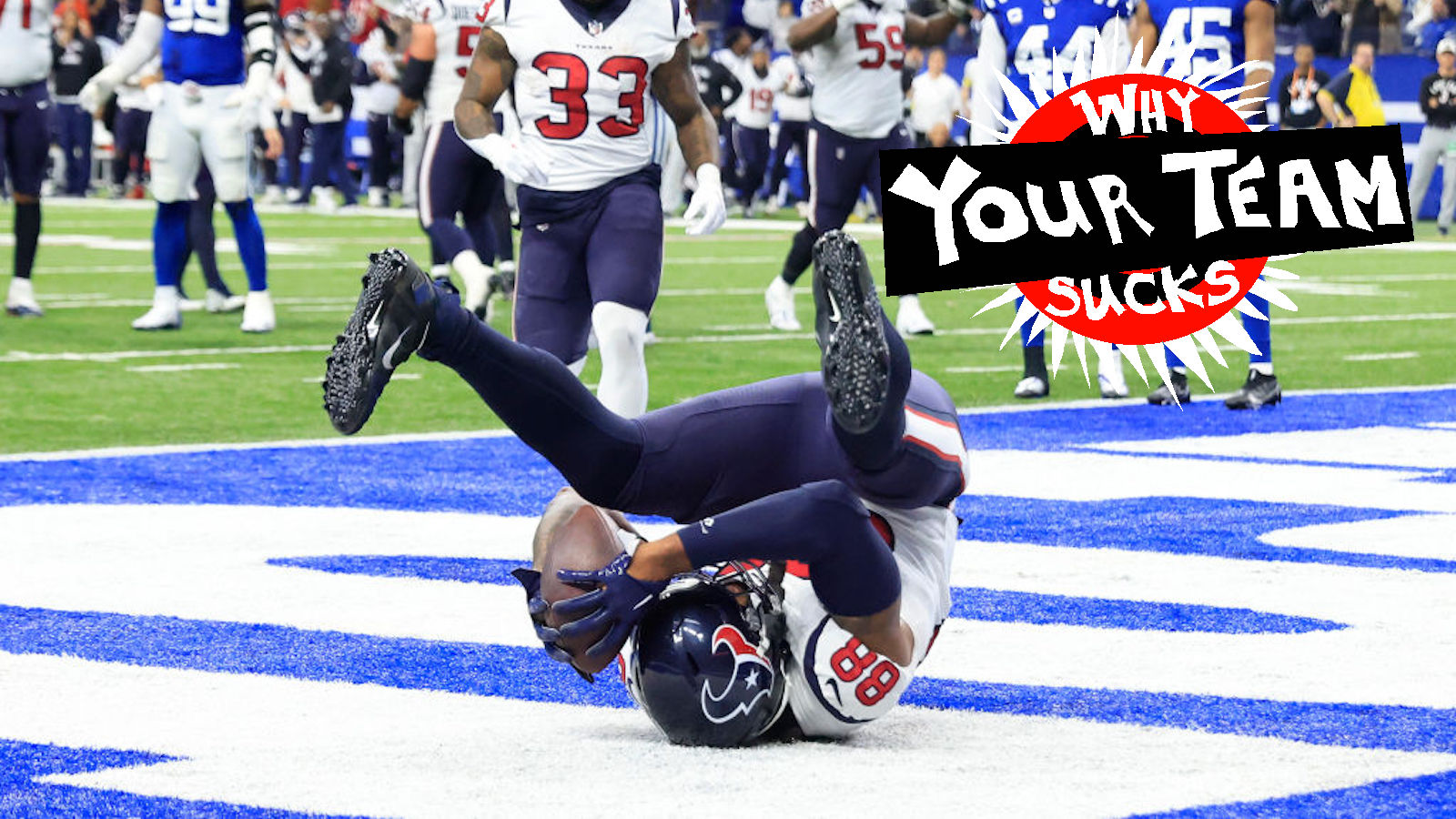 Jordan Akins #88 of the Houston Texans scores a two point conversion during the fourth quarter of the game against the Indianapolis Colts at Lucas Oil Stadium on January 08, 2023 in Indianapolis, Indiana.
