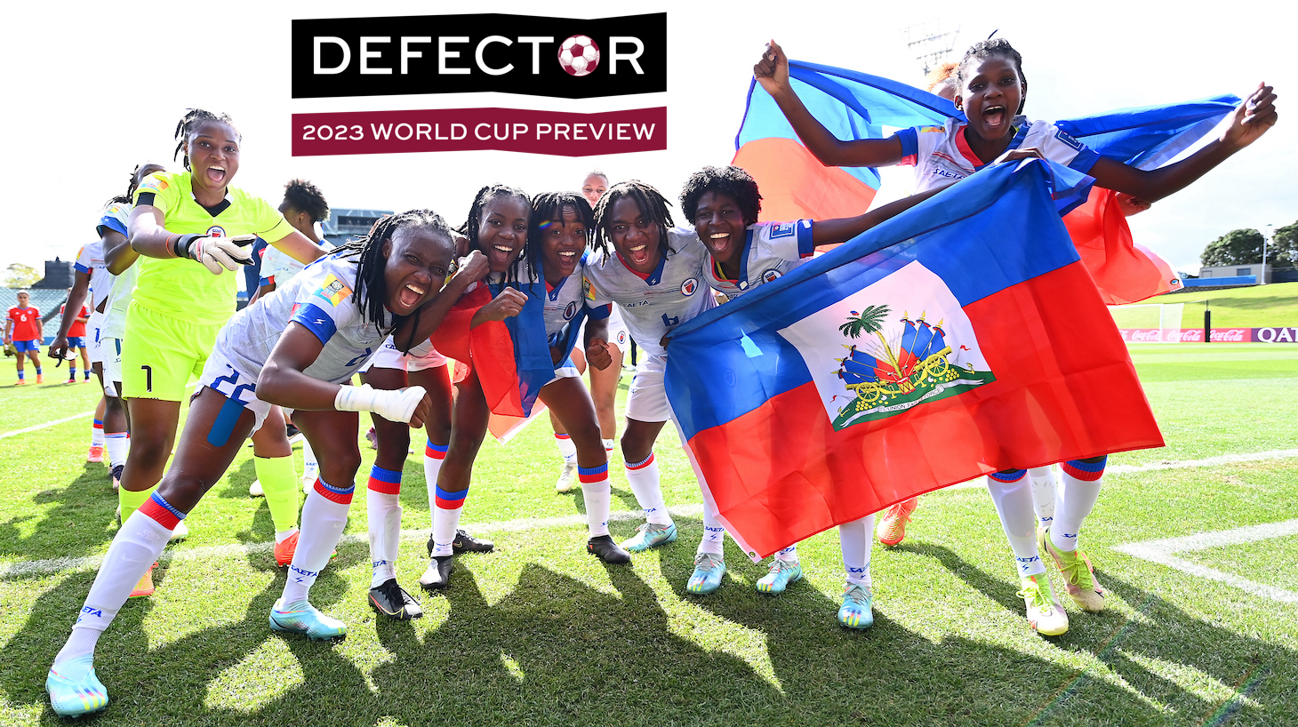 Haiti celebrate qualification for the 2023 FIFA Women's World Cup after their victory in the 2023 FIFA World Cup Play Off Tournament match between Chile and Haiti at North Harbour Stadium on February 22, 2023 in Auckland, New Zealand.