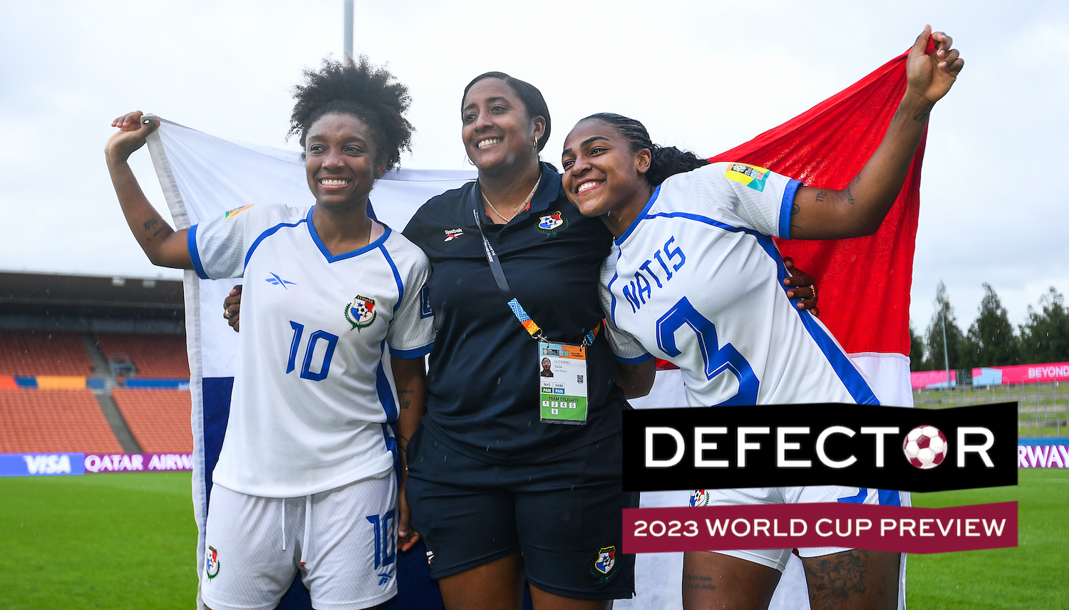 HAMILTON, NEW ZEALAND - FEBRUARY 23: Marta Cox and Wendy Natis of Panama celebrate with team member Raiza Gutierrez during the 2023 FIFA World Cup Play Off Tournament match between Paraguay and Panama at Waikato Stadium on February 23, 2023 in Hamilton, New Zealand. (Photo by Joe Allison - FIFA/FIFA via Getty Images)