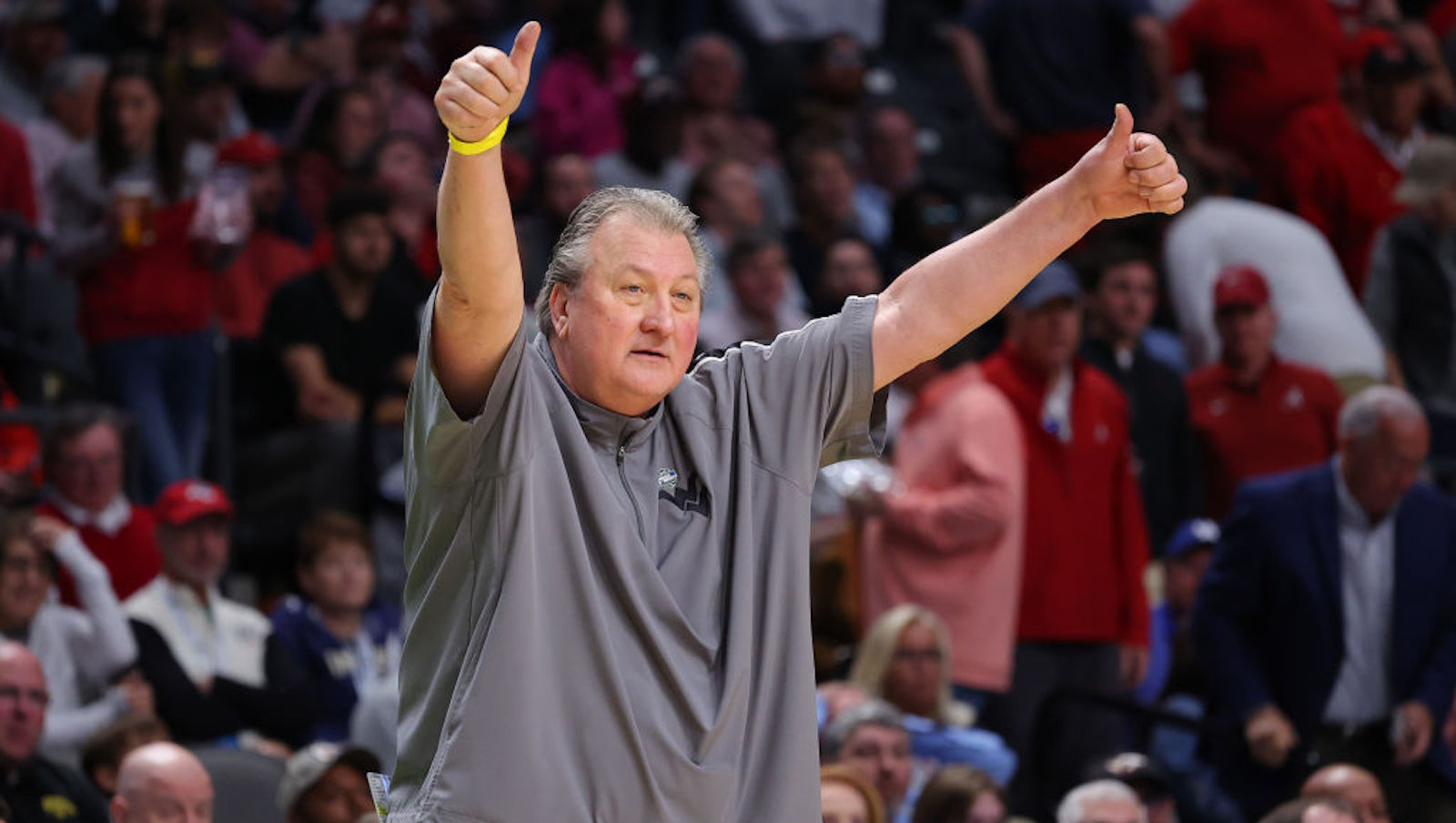 Head coach Bob Huggins of the West Virginia Mountaineers reacts during the second half against the Maryland Terrapins in the first round of the NCAA Men's Basketball Tournament at Legacy Arena at the BJCC on March 16, 2023 in Birmingham, Alabama.