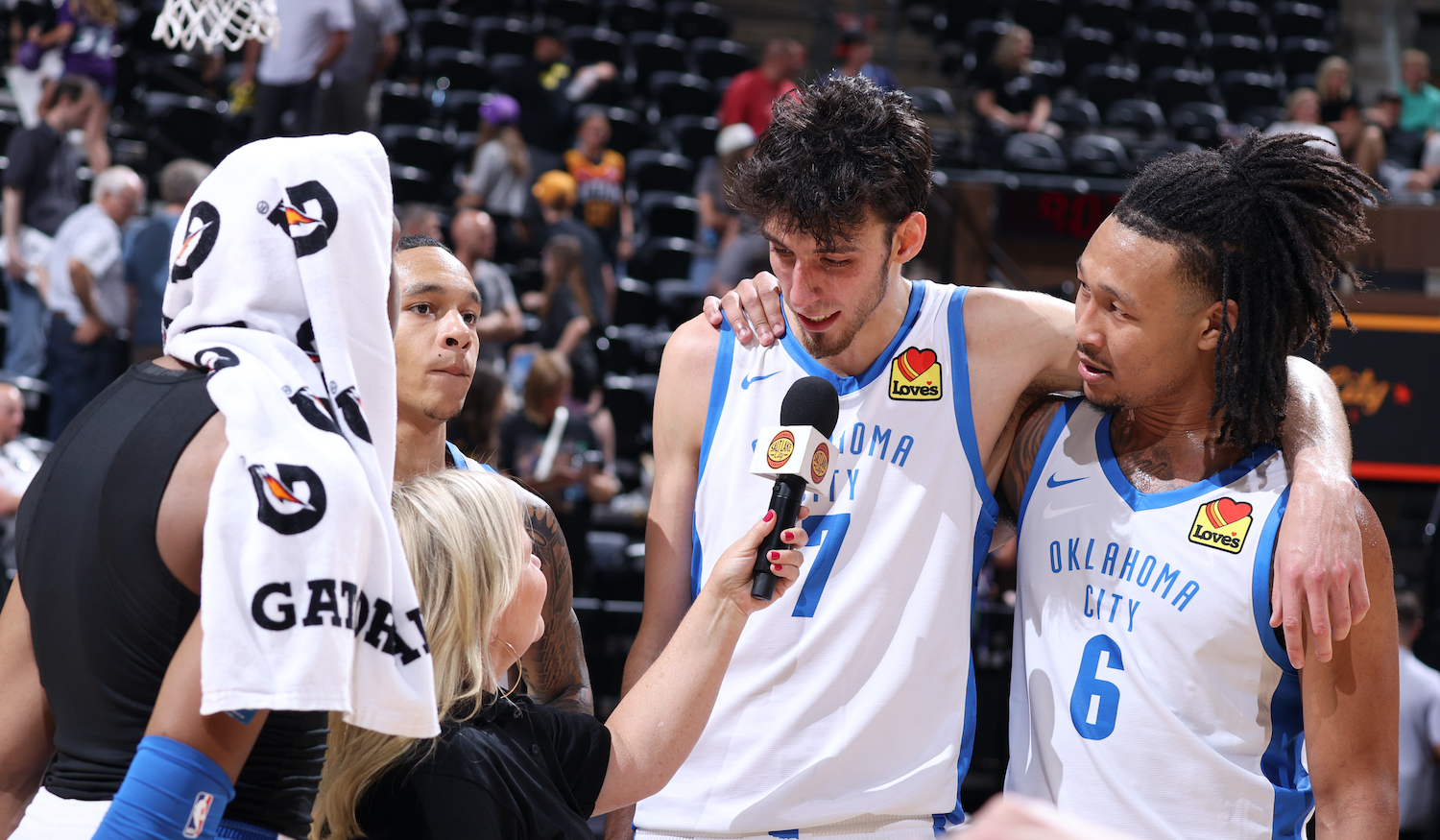 SALT LAKE CITY, UT - JULY 3: Chet Holmgren #7 of the Oklahoma City Thunder is interviewed after the game against the Utah Jazz during the 2023 NBA Salt Lake City Summer League on July 3, 2023 at Delta Center in Salt Lake City, Utah. NOTE TO USER: User expressly acknowledges and agrees that, by downloading and or using this Photograph, User is consenting to the terms and conditions of the Getty Images License Agreement. Mandatory Copyright Notice: Copyright 2023 NBAE (Photo by Melissa Majchrzak/NBAE via Getty Images)