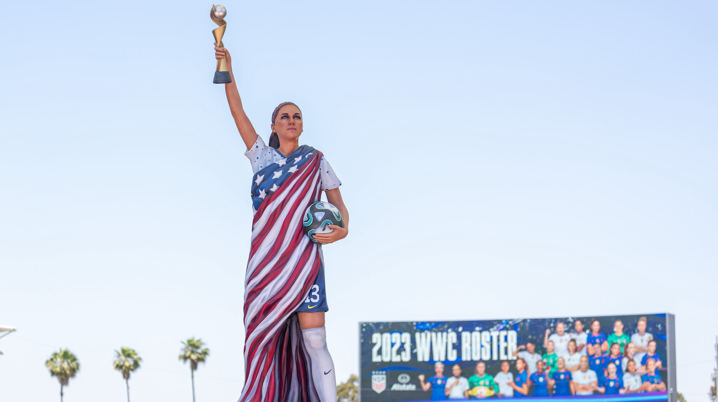A statue of Alex Morgan of the United States dressed as the Statue of Liberty.
