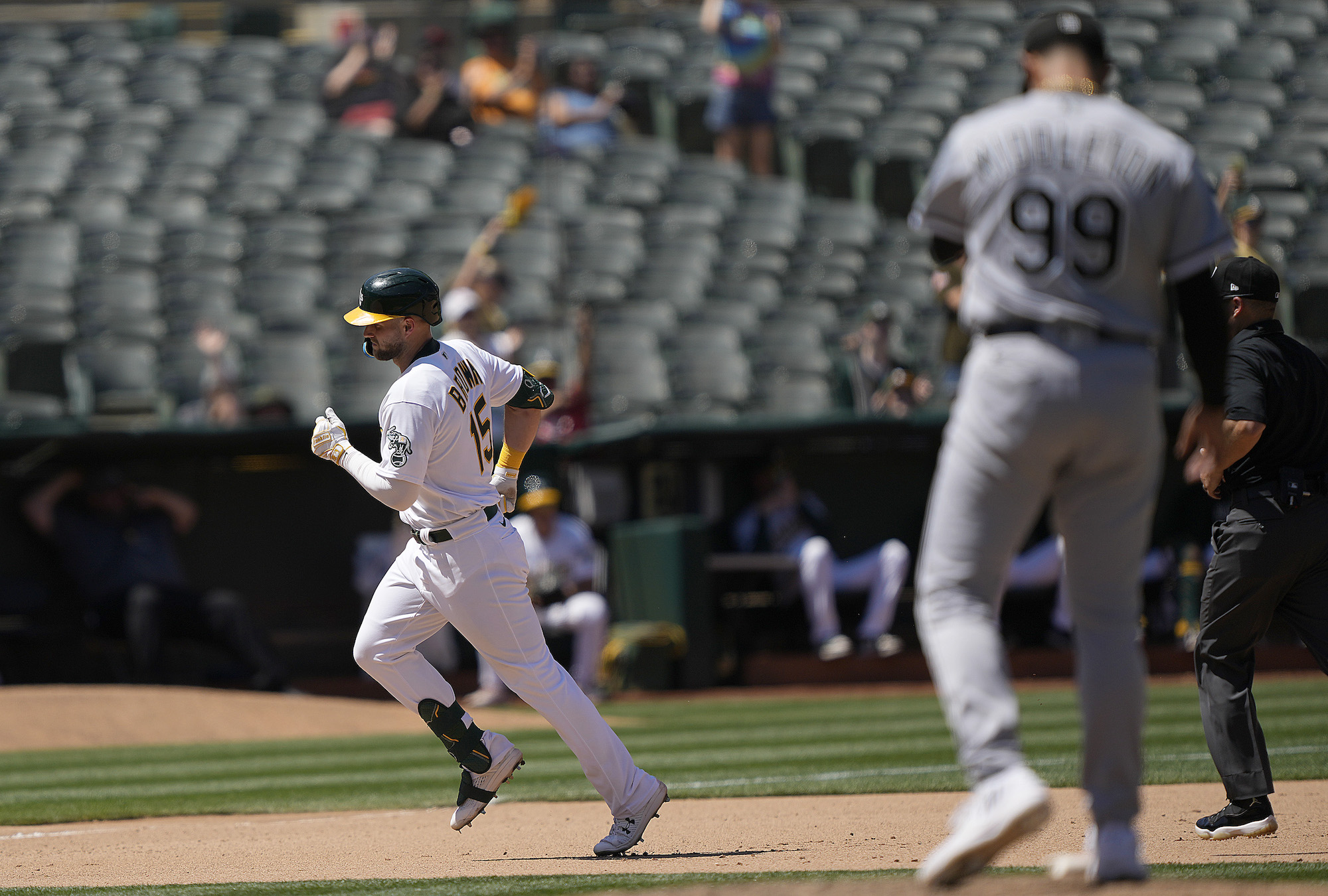 OAKLAND, CALIFORNIA - JULY 01: Seth Brown #15 of the Oakland Athletics trots around the bases after hitting a solo home run off Keynan Middleton #99 of the Chicago White Sox in the bottom of the seventh inning at RingCentral Coliseum on July 01, 2023 in Oakland, California. (Photo by Thearon W. Henderson/Getty Images)