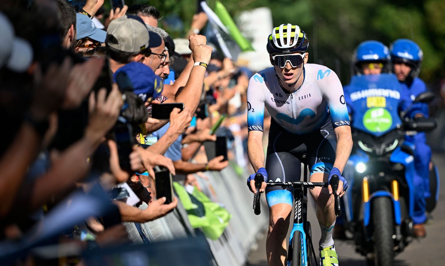 Movistar Team's US rider Matteo Jorgenson cycles in the ascent of the Puy de Dome in the final kilometers of the 9th stage of the 110th edition of the Tour de France cycling race, 182,5 km between Saint-Leonard-de-Noblat and Puy de Dome, in the Massif Central volcanic mountains in central France, on July 9, 2023. (Photo by Vincent Kalut / POOL / AFP) (Photo by VINCENT KALUT/POOL/AFP via Getty Images)