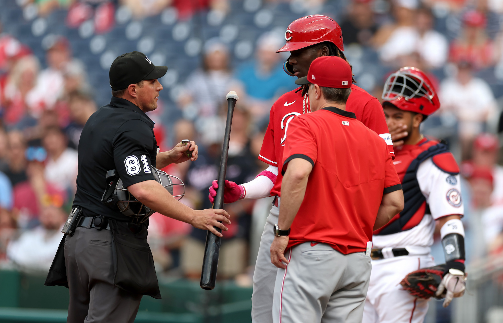 WASHINGTON, DC - JULY 05: Umpire Quinn Wolcott #81 hands the bat of Elly De La Cruz #44 of the Cincinnati Reds back to him as manager David Bell #25 looks on in the second inning against the Washington Nationals at Nationals Park on July 05, 2023 in Washington, DC. (Photo by Rob Carr/Getty Images)
