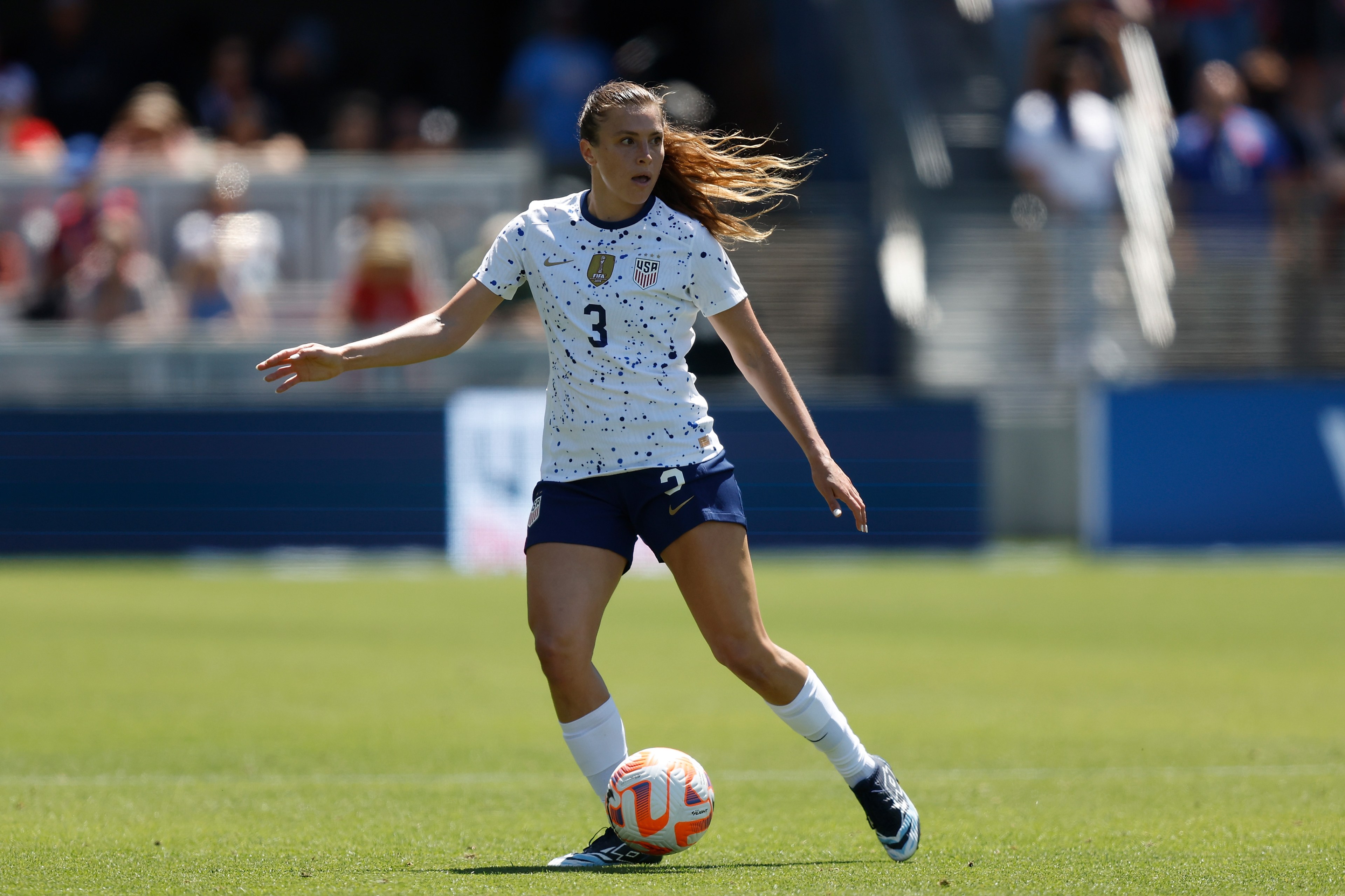 SAN JOSE, CALIFORNIA - JULY 09: Sofia Huerta #3 of the United States controls the ball during the second half of an international friendly against Wales at PayPal Park on July 09, 2023 in San Jose, California. (Photo by Lachlan Cunningham/USSF/Getty Images for USSF)