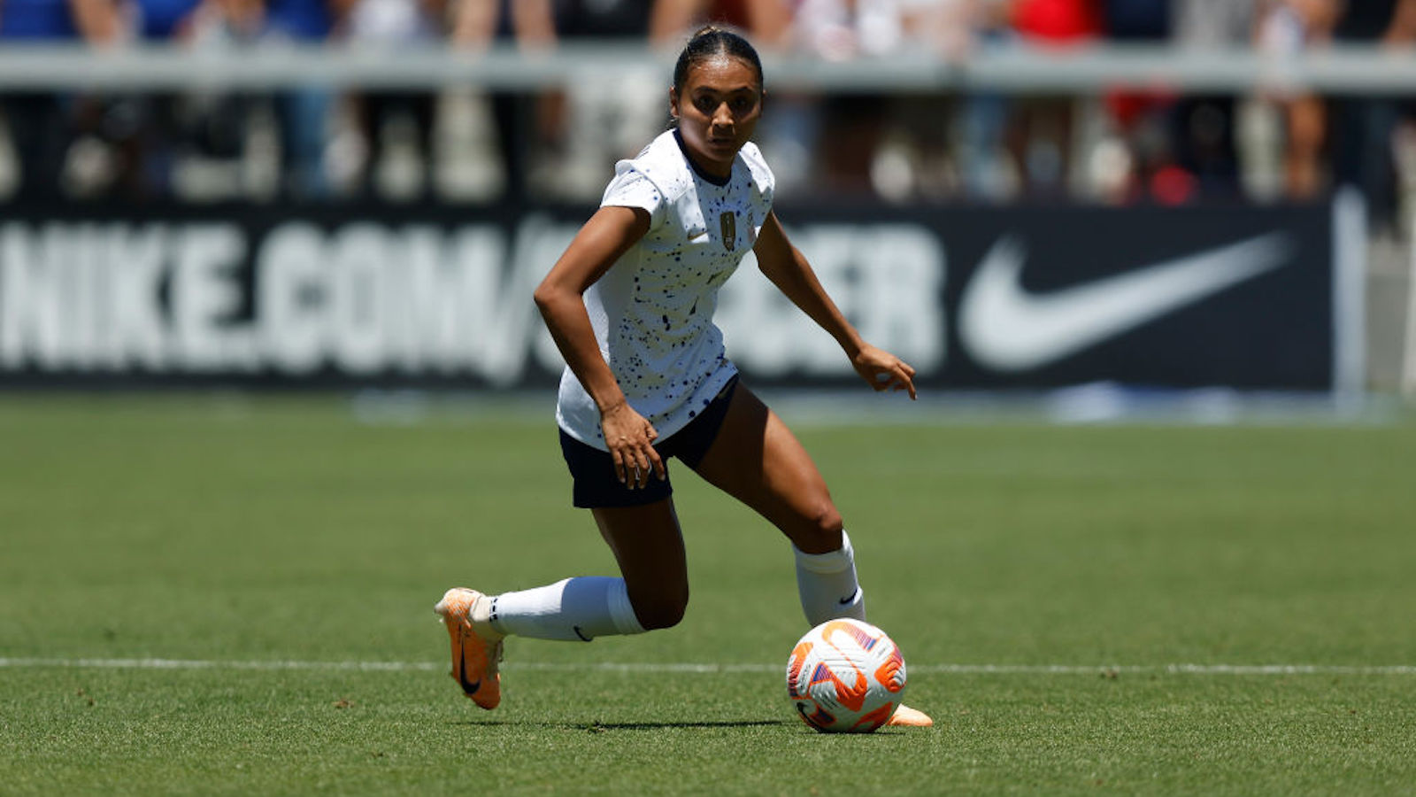 Alyssa Thompson #7 of the United States dribbles the ball during the first half of an international friendly against Wales at PayPal Park on July 09, 2023 in San Jose, California.