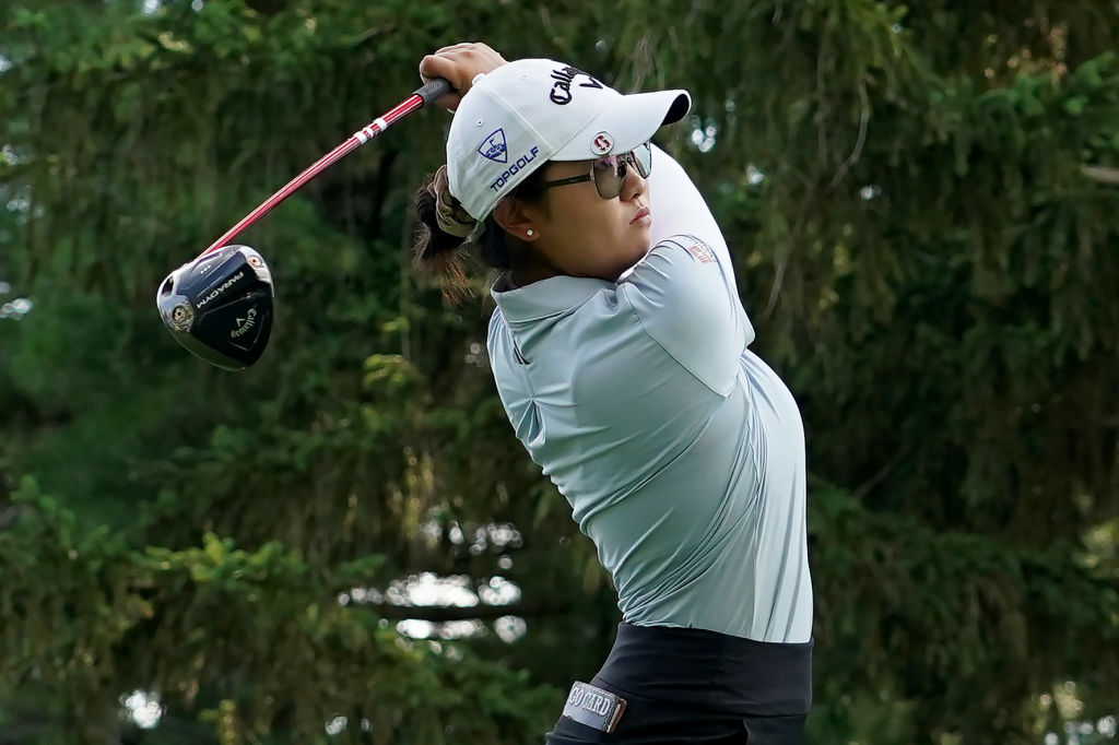 Rose Zhang of the United States plays a shot from the 18th tee during the second round of the Dana Open at Highland Meadows Golf Club on July 14, 2023 in Sylvania, Ohio.